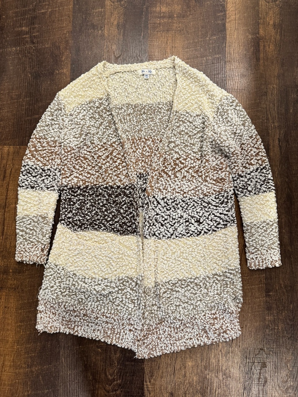 She+Sky boucle cream, tan and navy patchwork cardigan
